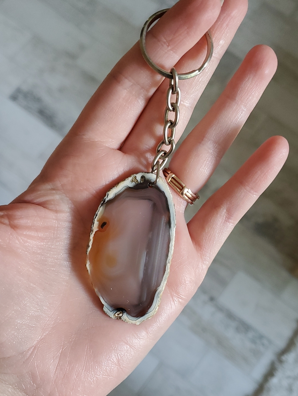 Agate Slice 90s Keychain Pendant - Natural Brown and Gray Stone